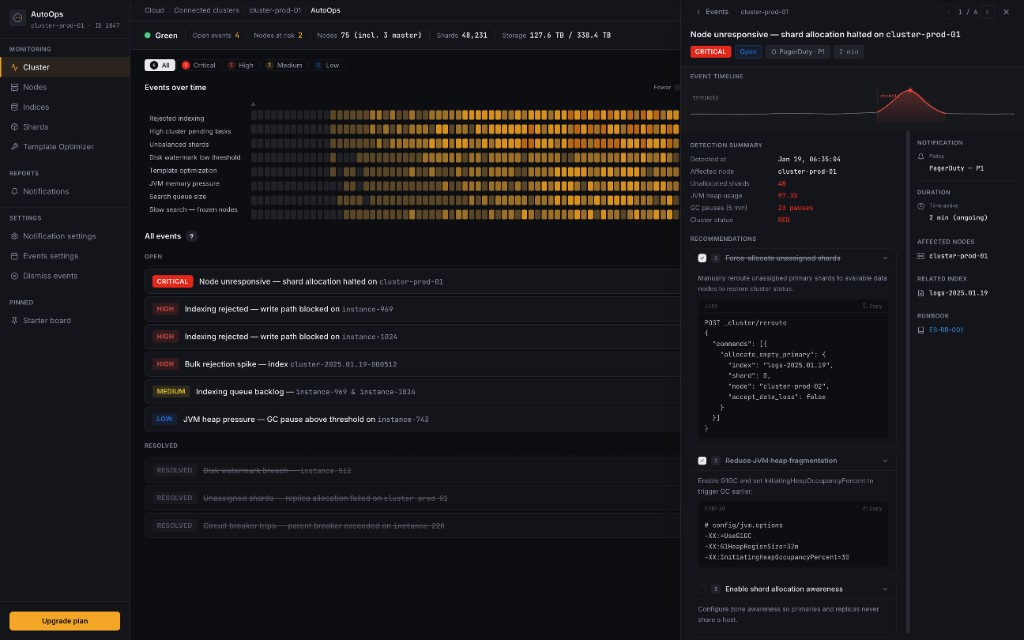 Auto-Ops dashboard — critical event detail with timeline, detection summary, and remediation recommendations
